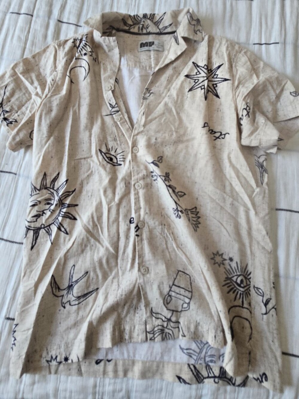 Mexico Celestial Sun Moon Eye Linen Short Sleeve Button-Up Shirt – Size XS Price